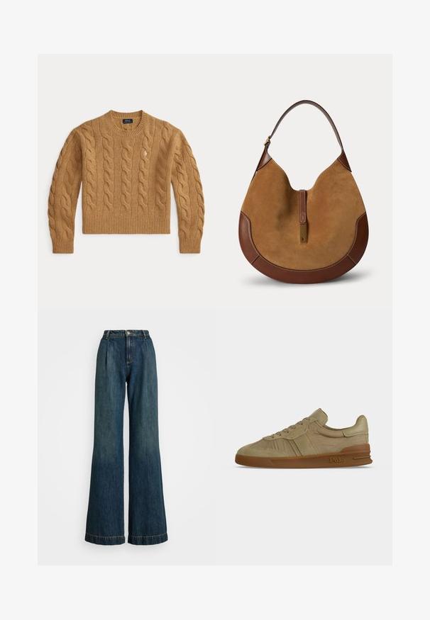 Pull en laine marron chameau tricoté en torsades avec manches longues et poignets et ourlet côtelés, comportant un petit logo brodé sur la poitrine.; Jean large bleu foncé en denim, avec une taille haute, un front plié et un ourlet cousu. Fermeture à bouton en métal et zip.; Baskets basses Polo beige avec laçage à l’avant, empeigne en cuir texturé et semelle en caoutchouc marron avec le logo Polo sur le côté.; Sac à main en daim et cuir marron en forme de croissant avec une bandoulière simple et un fermoir rectangulaire doré au centre devant.