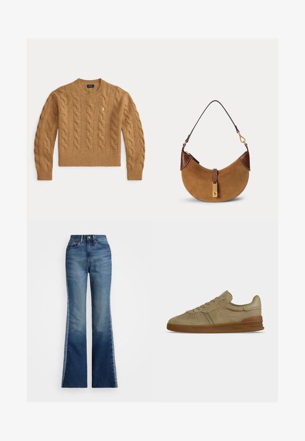 Kamelbrauner, kabelgestrickter Wollpullover mit langen Ärmeln und gerippten Bündchen und Saum, mit kleinem, gesticktem Logo auf der Brust.; Polo Ralph Lauren FLARE JEAN - Flared Jeans - boyne wash; Beiger Polo-Sneaker mit niedrigem Schnitt, Schnürung vorne, strukturiertem Lederobermaterial und brauner Gummisohle mit Polo-Logo an der Seite.; Braune Wildleder-Halbmonden-Handtasche mit dunkelbraunen Lederakzenten, goldfarbenen Beschlägen und kurzem Schulterriemen.