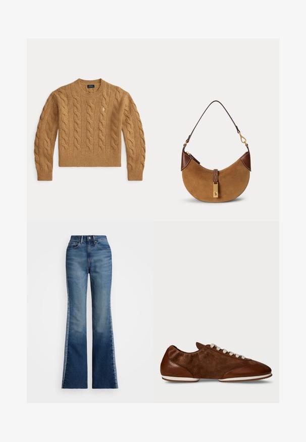 Camelbrun kabelstrikket uldsweater med lange ærmer og ribkanter ved ærmer og kant, med en lille broderet logo på brystet.; Polo Ralph Lauren FLARE JEAN - Flared jeans - boyne wash; Polo Ralph Lauren THE LEATHER-SUEDE PONY BALLERINA SNEAKER - Sneakers - coffee; Brun ruskind halv-måne taske med mørkebrune læderdetaljer, guldfarvet hardware og kort skulderrem.