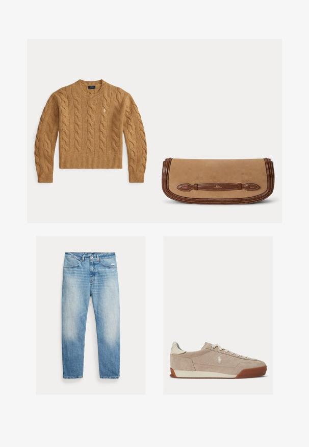 Camelbrun kabelstrikket uldsweater med lange ærmer og ribkanter ved ærmer og kant, med en lille broderet logo på brystet.; Lyseblå falmede jeans med lige ben, forlommer, knap- og lynlåslukning samt let slid på højre lår.; Beige ruskind lavtop sneaker med hvide snørebånd, hvidt logo på siden og brun gummisål.; Beige stof clutch med brun lædertrim og håndtag prydet med Polo by Ralph Lauren branding.