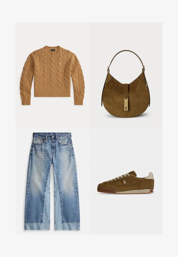 Camelbrun kabelstrikket uldsweater med lange ærmer og ribkanter ved ærmer og kant, med en lille broderet logo på brystet.; Lyseblå jeans med vide ben og en falmet vask, der har to lommer foran, knaplukning og frynsete kanter. Fremstillet af denimstof.; Brun ruskind sneaker med cremefarvede snørebånd, tyk sål og et lille hvidt broderet logo på siden.; Ruskindetaske i mørkebrun med en buet silhuet. Har en top-håndtag og et metallic logo-accents på frontlukningen.