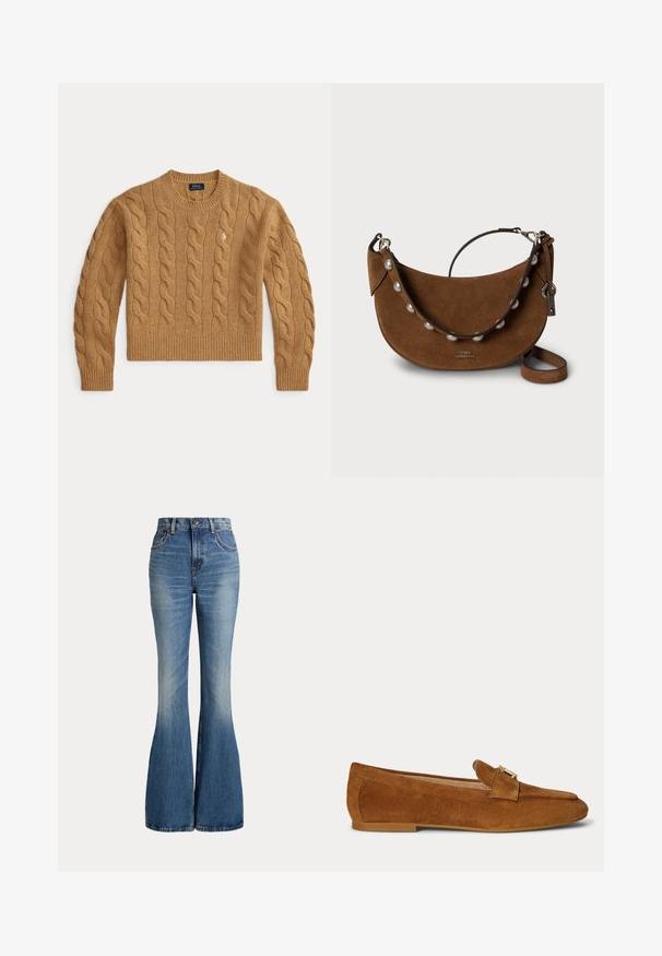 Camelbrun kabelstrikket uldsweater med lange ærmer og ribkanter ved ærmer og kant, med en lille broderet logo på brystet.; Højtaljede blå jeans i denim med klokkeformede ben og let falmet område foran på låret, vist mod hvid baggrund.; Brun ruskind flad loafer med guldfarvet metallås-detalje på toppen og lav hælsål.; Brun ruskindshåndtaske med en buet form, der har en perle-accentsnor og justerbart læderhåndtag. Metalhardware bruges til lukninger.