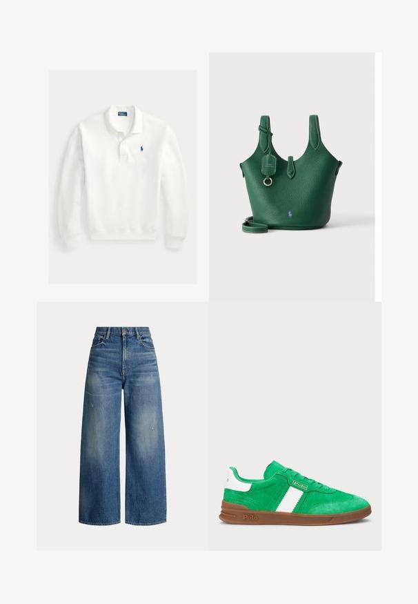 Hvid langærmet polo med to-knaps lukning og lille blåt broderet logo på venstre bryst.; Bredde ben jeans i lys blå denim, med høj talje, slidte områder og klassisk femlomme-design med metalbeslag.; Grønne ruskindsneakers med en hvid vandret stripe, en brun gummisål og tonede snørebånd. Branding på siden og bagsiden.; Grøn tekstureret læderhåndtaske med dobbelte håndtag, en aftagelig rem og en lille synlig logo nær bunden i midten.