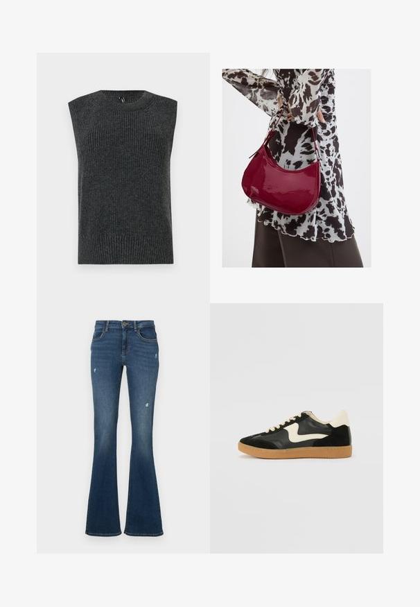 Suéter sin mangas de color gris oscuro con textura acanalada, escote redondeado y dobladillo inferior con banda. Diseño simple sin patrones o detalles adicionales.; Pantalones vaqueros acampanados en azul oscuro con parches desgastados. Cuenta con cinco bolsillos y cierre de cremallera. Tela de peso medio con una textura suave.; Zapatillas de deporte de ante y cuero negro con un swoosh lateral en crema y un talón en crema claro. Presenta cordones beige y una suela de goma marrón.; Mujer con blusa de estampado en blanco y negro sosteniendo un bolso de hombro rojo brillante sobre un fondo liso.