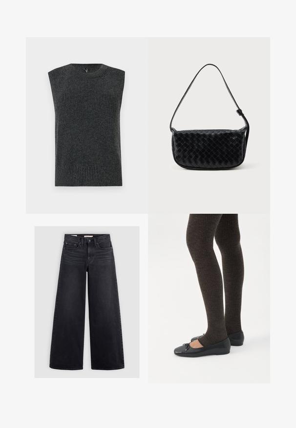 Suéter sin mangas de color gris oscuro con textura acanalada, escote redondeado y dobladillo inferior con banda. Diseño simple sin patrones o detalles adicionales.; Vaqueros negros de pierna ancha hechos de denim, con una cintura alta, diseño de cinco bolsillos y un ligero desgaste en la parte delantera.; Piernas con leggings oscuros acanalados combinados con bailarinas negras que presentan pequeños detalles de lazo sobre un fondo blanco.; Bolso de hombro de cuero trenzado negro con una correa curva, cuerpo rectangular y textura suave, que cuenta con un cierre de cremallera y sutiles detalles de costura.
