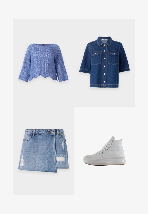 Haut en tricot bleu avec une coupe ample, un col rond, des manches longues, un ourlet festonné et un motif texturé. Matériau léger et respirant.; Veste en denim bleu foncé à manches courtes, deux poches poitrine, boutons-pression en argent et col.; Jupe en denim mini en bleu clair avec des zones décolorées et des détails usés. Elle dispose d'une fermeture à boutons à l'avant et d'une conception traditionnelle à cinq poches.; Baskets montantes en toile blanche avec lacets blancs, œillets métalliques, semelle épaisse en caoutchouc et bout texturé, orientées vers la gauche sur fond blanc.