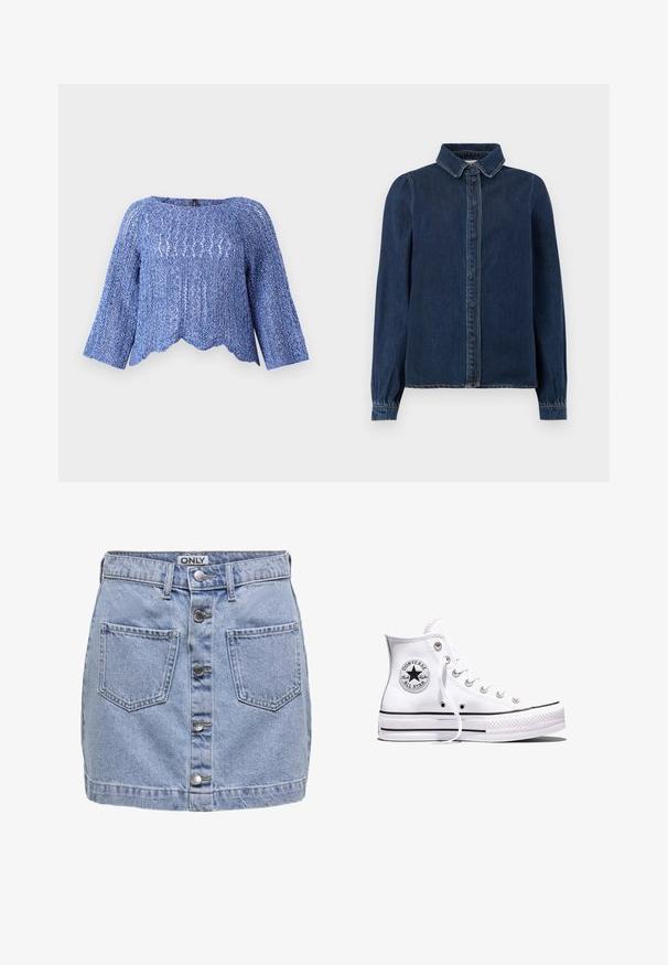 Haut en tricot bleu avec une coupe ample, un col rond, des manches longues, un ourlet festonné et un motif texturé. Matériau léger et respirant.; Chemise en jean bleu foncé avec un col classique, des boutons sur le devant et des manches longues avec des poignets froncés. Présente des coutures contrastantes sur l'ensemble.; Mini-jupe en denim bleu clair, avec cinq boutons sur le devant, deux poches plaquées et une texture légèrement déchirée. L'étiquette indique "ONLY."; Baskets blanches montantes Converse Chuck Taylor All Star avec des rayures noires et un patch logo sur le côté, présentées sur un fond blanc uni.
