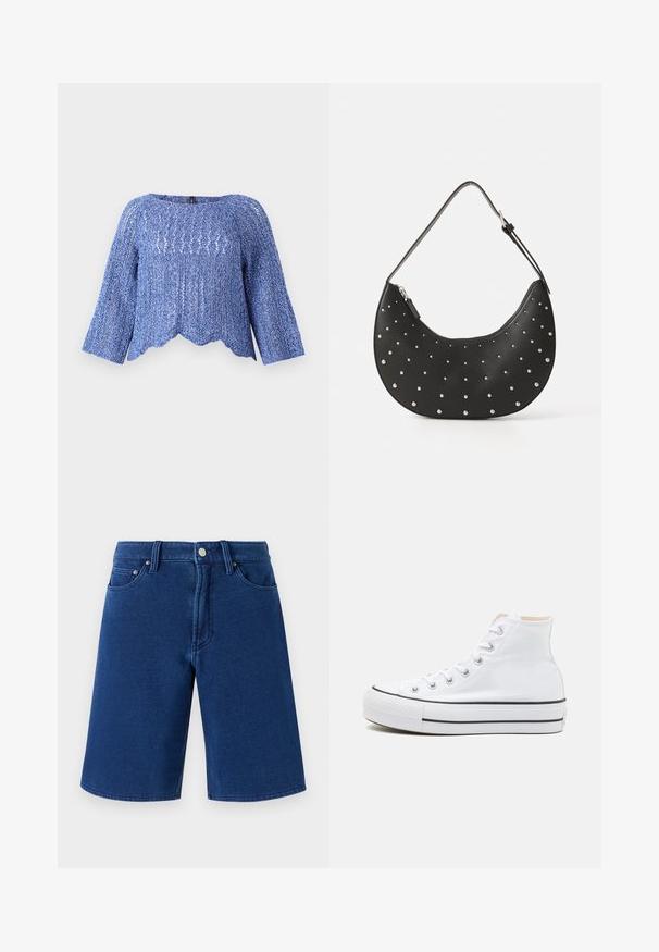 Haut en tricot bleu avec une coupe ample, un col rond, des manches longues, un ourlet festonné et un motif texturé. Matériau léger et respirant.; Shorts en denim bleu avec une coupe droite, design à cinq poches, et une taille visible avec un bouton en métal et des passants de ceinture.; Baskets montantes blanches en toile, semelle en caoutchouc noir et bande noire contrastante sur la semelle intermédiaire. Bout rond et design à lacets.; Sac à main en cuir noir avec une forme arrondie, orné de clous en argent, doté d'une fermeture éclair et d'une seule sangle ajustable.