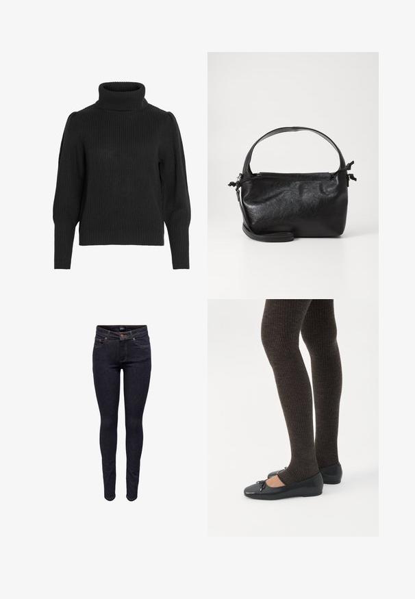 Sort strikket sweater med en høj, ribbet halsudskæring. Har dropped shoulders og ribbede manchetter ved de lange ærmer, tekstureret stof.; Mørkeblå slim-fit denimjeans med frontknap og lommer, synlige syninger og mærket båndetiket i taljen.; Ben iført mørke ribbede leggings kombineret med sorte balletsko med små sløjfedetaljer på hvid baggrund.; Sort læderhåndtaske med et struktureret design, rund tophåndtag og aftagelig skulderrem. Den har en glat tekstur og en subtil glans.