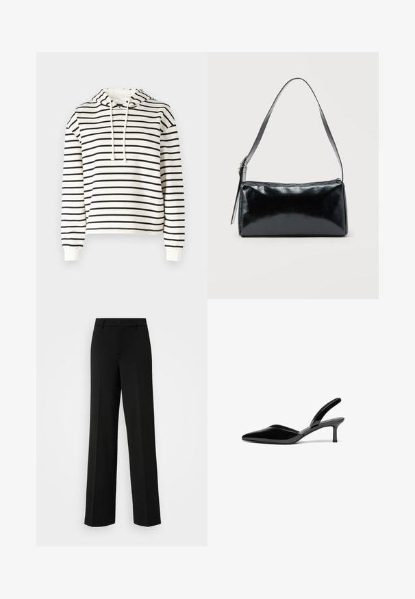 Stribet hættetrøje i creme og sort. Fremstillet af blødt stof, har snøre i hætten, lange ærmer og en afslappet pasform.; ONLY Tall ONLPEACH LIFE WIDE - Bukser - black; Sorte patentlæder slingback hæle med spids tå, lav stiletto hæl og et elegant, enkelt design uden pynt.; Sort rektangulær skuldertaske med en enkelt justerbar rem og lynlås i toppen på en ensfarvet baggrund.