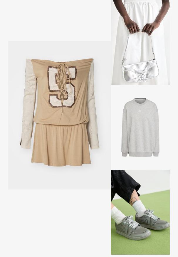 Grijze sweatshirt van zachte stof, met een ronde hals, lange mouwen, geribbelde manchetten en zoom, voorzien van een klein wit logo aan de voorkant.; Beige off-shoulder jurk met een gekruiste rug, voorzien van een witte mesh lange mouw en een groot bedrukt nummer "5" versierd met studs.; Jordan AIR JORDAN 1 LOW METHOD OF MAKE - Sneakers laag - medium grey; Zilveren metalen handtas met vetersluiting, met een strak ontwerp en een korte schouderriem. De tas wordt vastgehouden in de handen, waardoor de textuur goed tot zijn recht komt.