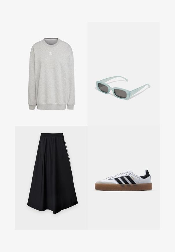 Grauer Sweatshirt aus weichem Stoff, mit Rundhalsausschnitt, langen Ärmeln, gerippten Bündchen und Saum, sowie einem kleinen weißen Logo auf der Vorderseite.; Schwarze weit geschnittene Hose mit elastischem Bund und weißen Seitenstreifen, vor einem schlichten weißen Hintergrund präsentiert.; Weiße Leder Sneakers mit schwarzen Streifen, Gummigummi-Außensohle, runder Zehenform, Schnürverschluss und weichem grauem Wildleder-Zehenkappe.; Ein Paar rechteckige Sonnenbrillen mit lichtblauen, halbtransparenten Rahmen und dunkelgrauen Gläsern, ausgestattet mit geraden Bügeln und minimalen Hardware-Details.