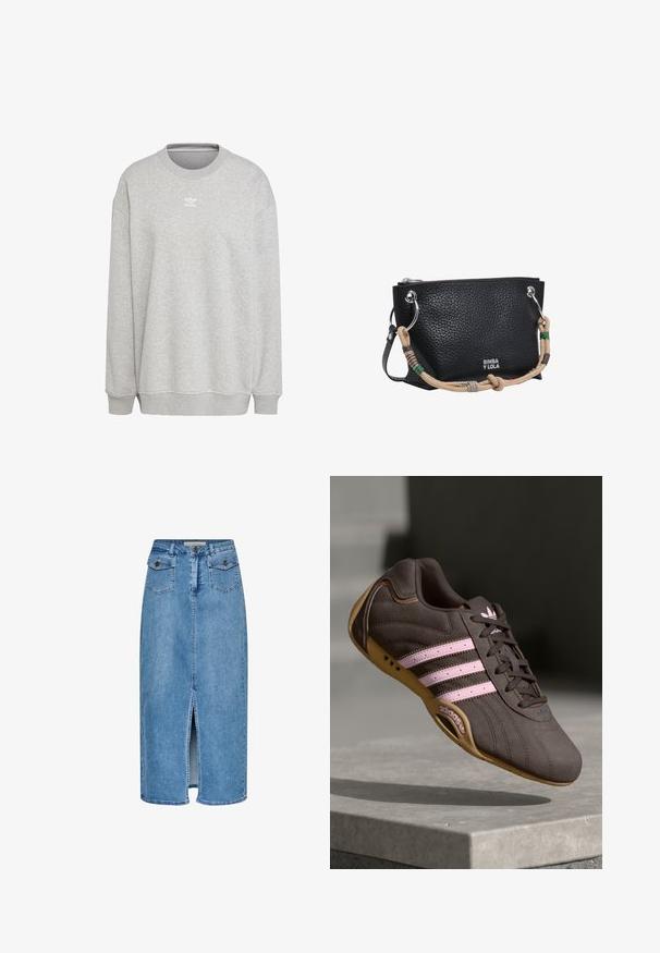 Grauer Sweatshirt aus weichem Stoff, mit Rundhalsausschnitt, langen Ärmeln, gerippten Bündchen und Saum, sowie einem kleinen weißen Logo auf der Vorderseite.; Jeans-Midirock in Hellblau mit vorderlichem Schlitz. Verfügt über zwei Taschen mit Knöpfen und ein klassisches Bunddesign mit sichtbaren Steppnähten.; Braune Wildleder-Sportschuhe mit pinken Streifen und Logo, featuring eine strukturierte Oberseite, Schnürung und einer Sohle aus Gummi.; Schwarze, strukturierte Lederhandtasche mit silbernen Ringen und einem gewebten beigen Griff mit grünen und braunen Akzenten, Marke „Bimba Y Lola.“