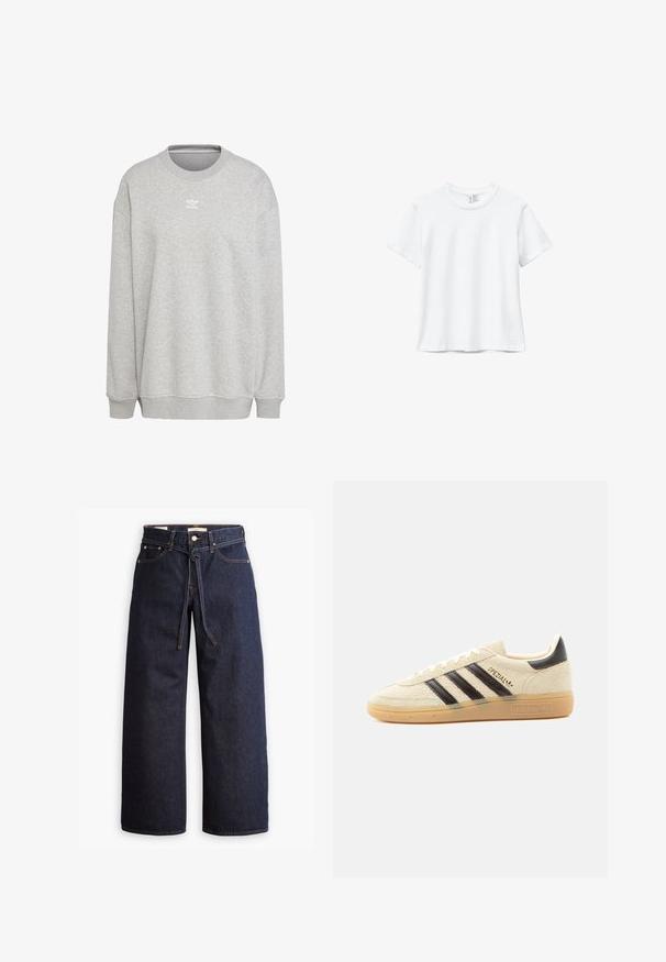 Grijze sweatshirt van zachte stof, met een ronde hals, lange mouwen, geribbelde manchetten en zoom, voorzien van een klein wit logo aan de voorkant.; Effen wit katoenen T-shirt met korte mouwen en ronde hals, plat afgebeeld op een witte achtergrond.; Wijd pijpjes donkerblauwe denim jeans met een hoge taille, voorzien van een trekkoord, vijf zakken en contrasterende stiksels.; Crèmekleurige suède sneaker met zwarte strepen, rubberen zool, zwart hieltabje en gouden "SPEZIAL" tekst aan de zijkant.