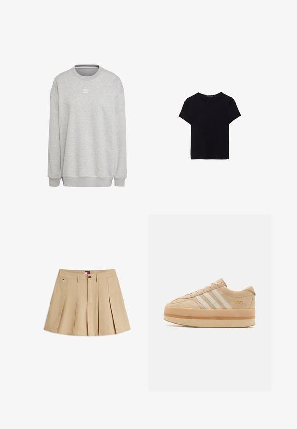 Grå sweatshirt lavet af blødt stof, med rund hals, lange ærmer, ribbede manchetter og kant, samt et lille hvidt logo på forsiden.; Sort bomulds T-shirt med korte ærmer, rund hals og et enkelt design. Blød tekstur uden synlige mønstre eller accenter.; Beige plisseret mininederdel med bæltestropper, frontknaplukning, sidelommer og et lille Tommy Hilfiger-logo på venstre side.; Beige ruskindsplatform sneakers med hvide tre striber, rund tå og beige gummisål med en guld logo accent på siden.