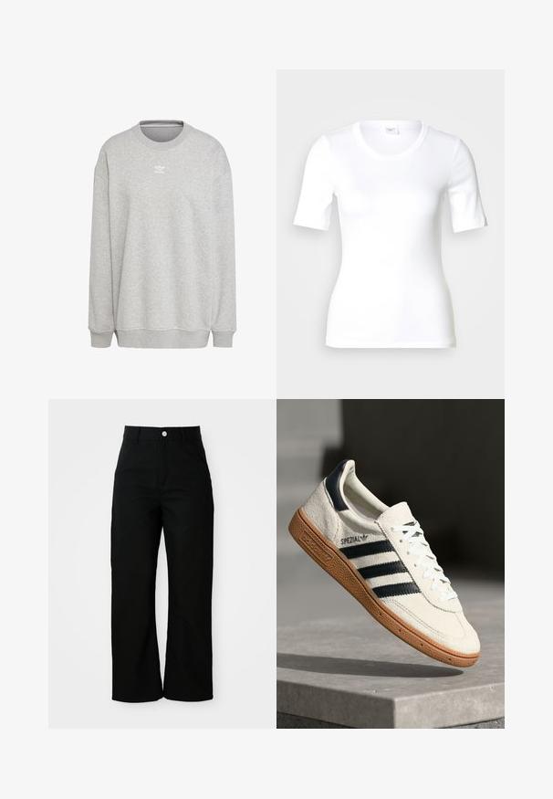 Grauer Sweatshirt aus weichem Stoff, mit Rundhalsausschnitt, langen Ärmeln, gerippten Bündchen und Saum, sowie einem kleinen weißen Logo auf der Vorderseite.; Weißes T-Shirt mit kurzen Ärmeln aus glattem Baumwollstoff, mit rundem Ausschnitt und figurbetonter Form. Klassisches Design, ohne Muster oder Akzente.; Schwarze, hoch taillierte, gerade geschnittene Hose mit Vordertaschen, Gürtelschlaufen und einem silbernen Knopfverschluss auf weißem Hintergrund.; Weiße Wildleder-Sneaker mit marineblauen Streifen, Gummisohle, strukturiertem Obermaterial, runder Zehenform und Schnürung; mit Branding an der Seite und auf der Zunge.