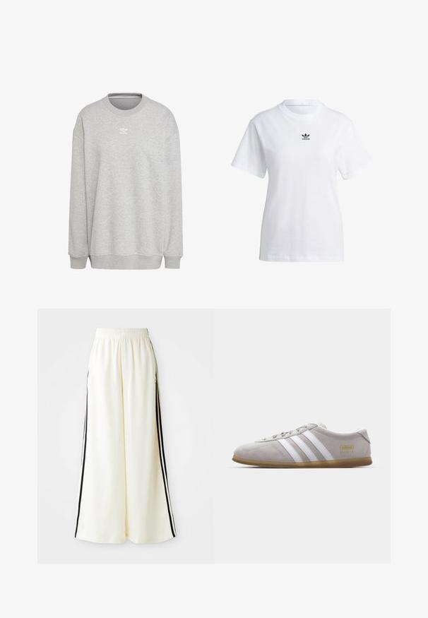 Grauer Sweatshirt aus weichem Stoff, mit Rundhalsausschnitt, langen Ärmeln, gerippten Bündchen und Saum, sowie einem kleinen weißen Logo auf der Vorderseite.; adidas Originals REGULAR FIT - T-Shirt basic - white; Weiße weite Hosen mit elastischem Bund und schwarzen vertikalen Streifen an den äußeren Nähten.; Graue Wildleder-Sneaker mit weißen Lederstreifen und goldenen Logodetails. Flache Gummisohle, abgerundete Zehenpartie und klassisches Schnürverschlussdesign.