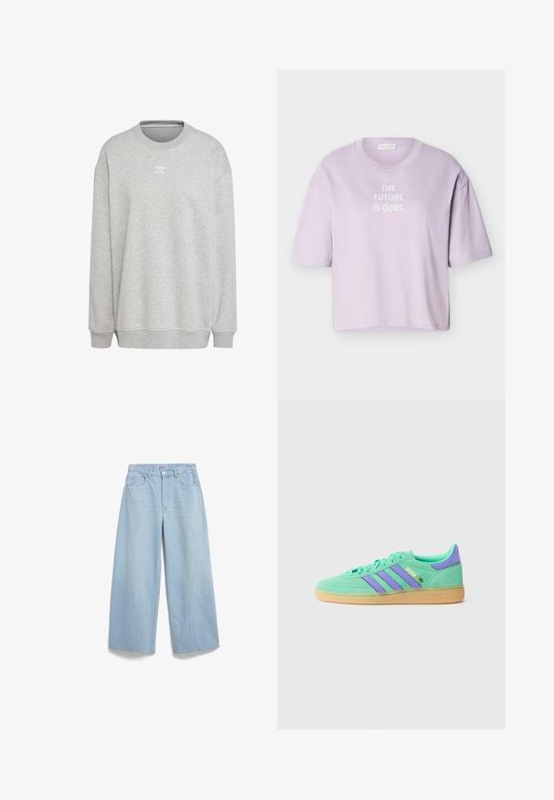 Grauer Sweatshirt aus weichem Stoff, mit Rundhalsausschnitt, langen Ärmeln, gerippten Bündchen und Saum, sowie einem kleinen weißen Logo auf der Vorderseite.; Fliederfarbenes T-Shirt mit kurzen Ärmeln und Rundhalsausschnitt, mit weißem Text "THE FUTURE IS OURS." zentriert auf der Vorderseite, vor neutralem Hintergrund dargestellt.; Helle blaue weite Jeans aus Denim, mit hoher Taille, Fronttaschen und subtiler Verwaschung. Geschlossen mit einem Knopfverschluss und Gürtelschlaufen.; Grüner Wildledersneaker mit violetten Streifen, Gummisohle und goldfarbenem Logodetail. Abgerundete Zehenpartie und flache Schnürsenkel für sicheren Halt.