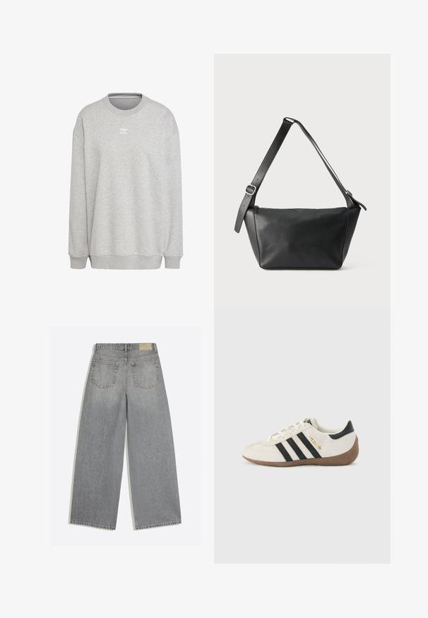 Grå sweatshirt lavet af blødt stof, med rund hals, lange ærmer, ribbede manchetter og kant, samt et lille hvidt logo på forsiden.; Grå vidbenede denimjeans der viser bagsiden med to lommer og bæltestropper lagt fladt på hvid baggrund.; Hvid Adidas-sneaker med sorte striber, brun tekstureret sål og "SPEZIAL" i guldbogstaver på siden, set fra ydersiden.; Sort læder skuldertaske med bred justerbar rem og sølvspænde, vist mod en ensfarvet lys baggrund.