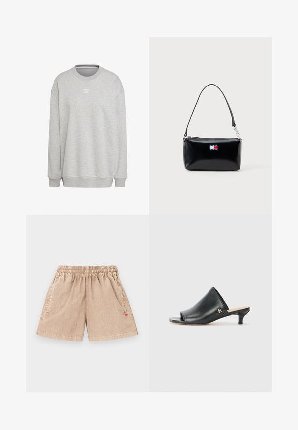 Grijze sweatshirt van zachte stof, met een ronde hals, lange mouwen, geribbelde manchetten en zoom, voorzien van een klein wit logo aan de voorkant.; Beige casual shorts met een elastische tailleband, zijzakken en een klein rood logo op de rechterzak tegen een witte achtergrond.; Zwarte leren open teen muiltjes met een lage hak. Heeft een glad oppervlak en een gouden logo accent aan de zijkant.; Zwarte rechthoekige schoudertas met korte strap en Tommy Jeans-logo in rood, wit en blauw op de voorkant in het midden.