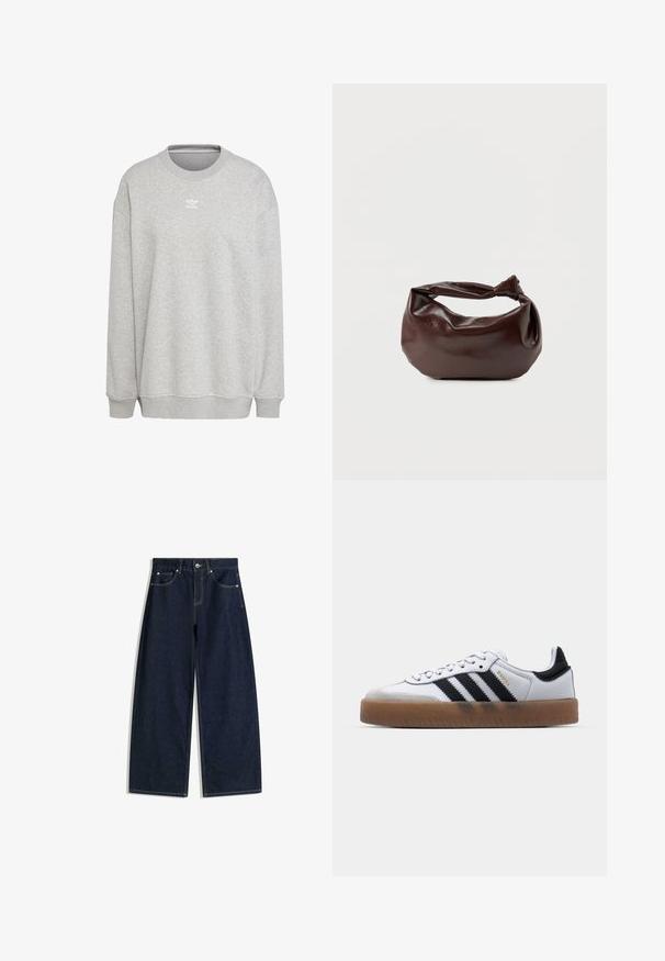 Grauer Sweatshirt aus weichem Stoff, mit Rundhalsausschnitt, langen Ärmeln, gerippten Bündchen und Saum, sowie einem kleinen weißen Logo auf der Vorderseite.; Dunkelblaue Denim-Jeans mit weitem Bein, Fronttaschen, Knopfverschluss und sichtbaren Nähten vor weißem Hintergrund.; Weiße Leder Sneakers mit schwarzen Streifen, Gummigummi-Außensohle, runder Zehenform, Schnürverschluss und weichem grauem Wildleder-Zehenkappe.; Dunkelbraune Lederschultertasche mit weicher, lockerer Form und einem gedrehten Knotengriff vor schlichtem weißem Hintergrund.