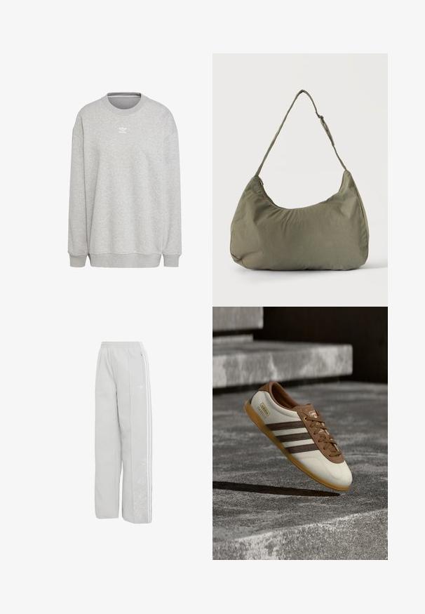 Grijze sweatshirt van zachte stof, met een ronde hals, lange mouwen, geribbelde manchetten en zoom, voorzien van een klein wit logo aan de voorkant.; Lichtgrijze Adidas trainingsbroek met wijde pijpen, elastische taille, witte drie strepen aan de zijkanten, ritszak en subtiel bloemenborduursel op het linkerbeen.; Witte en bruine Adidas Gazelle sneaker met gumzool zwevend boven stenen trappen en grond in een buitenomgeving.; Schoudertas van zacht olijfgroen stof met ritssluiting en verstelbare band op een effen lichte achtergrond.