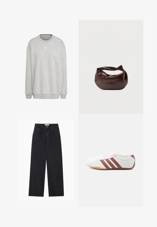 Grijze sweatshirt van zachte stof, met een ronde hals, lange mouwen, geribbelde manchetten en zoom, voorzien van een klein wit logo aan de voorkant.; Zwarte high-waisted spijkerbroek met wijde pijpen, frontknopen en ritssluiting, ceintuurlussen en een vijf-pocket stijl.; Witte lage sneaker met bruine leren strepen, veterluiting en een zool van gumrubber, gezien vanaf de binnenkant op een witte achtergrond.; Donkerbruine leren schoudertas met een zachte, slungelige vorm en een gedraaide knoopvormige handgreep op een effen witte achtergrond.