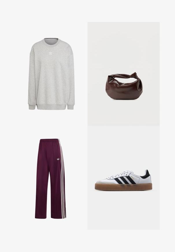 Grauer Sweatshirt aus weichem Stoff, mit Rundhalsausschnitt, langen Ärmeln, gerippten Bündchen und Saum, sowie einem kleinen weißen Logo auf der Vorderseite.; Bordeauxrote Adidas-Trainingshose mit elastischem Bund, drei weißen Seitenstreifen, Reißverschlusstasche und gesticktem Logo am linken Oberschenkel.; Weiße Leder Sneakers mit schwarzen Streifen, Gummigummi-Außensohle, runder Zehenform, Schnürverschluss und weichem grauem Wildleder-Zehenkappe.; Dunkelbraune Lederschultertasche mit weicher, lockerer Form und einem gedrehten Knotengriff vor schlichtem weißem Hintergrund.