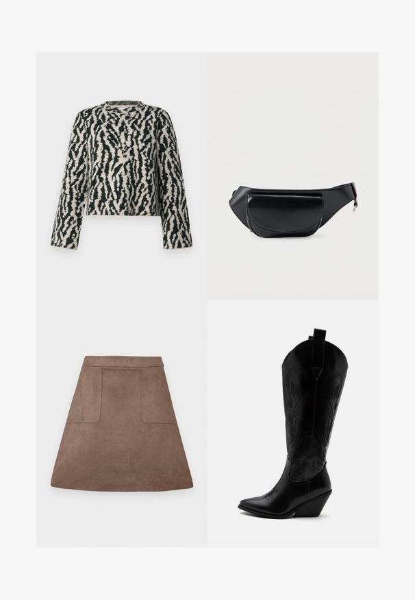 Pull en tricot avec un motif abstrait vert et crème, encolure ronde et manches longues. Texture douce avec un design cropped.; Jupe A-line en suède marron avec une texture lisse, dotée de deux poches avant et d'une taille sans couture, conçue pour une longueur au-dessus du genou.; Botte de cowboy en cuir noir avec bout pointu, talon bloc incliné, couture décorative et languettes en haut sur fond blanc.; Sac banane en similicuir noir avec une poche avant à rabat et une sangle réglable avec fermeture éclair.