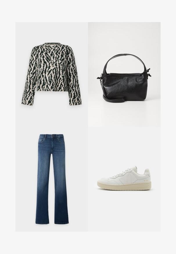 Strikket sweater med et grønt og cremefarvet abstrakt mønster, rund halsudskæring og lange ærmer. Blød tekstur med en cropped design.; Blå højtaljede, lige ben jeans med knap- og lynlåslukning, for- og baglommer, vist på en ensfarvet lys baggrund.; Hvide lædersneakers med perforeret tåboks, kontrasterende beige gummisål og logoer på siden og hælen. Minimalistisk design.; Sort læderhåndtaske med et struktureret design, rund tophåndtag og aftagelig skulderrem. Den har en glat tekstur og en subtil glans.