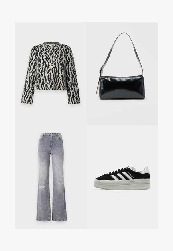 Strikket sweater med et grønt og cremefarvet abstrakt mønster, rund halsudskæring og lange ærmer. Blød tekstur med en cropped design.; Højtaljede grå denim jeans med flagrende ben, der har slidte knædetaljer, et klassisk fem-lomme design og tonet syninger.; Sort ruskind sneaker med hvide læderdetaljer, tre hvide striber, flade snørebånd og en tyk grå platformsål. Guldfarvet "Gazelle" branding.; Sort rektangulær skuldertaske med en enkelt justerbar rem og lynlås i toppen på en ensfarvet baggrund.