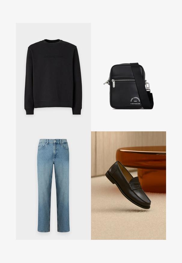 Schwarzes Sweatshirt aus weichem Stoff, mit Rundhalsausschnitt, langen Ärmeln und geprägtem "MICHAEL KORS"-Logo auf der Brust.; Hellblaue Jeans aus Denim mit geradem Schnitt, fünf Taschen und einem Knopfverschluss an der Taille. Abgesteppte Details entlang der Nähte.; Schwarzer Leder-Loafer, der über einem hellbeigen Teppich schwebt, mit bernsteinfarbenen modernen Möbeln im Hintergrund.; Schwarze Leder-Umhängetasche mit silbernem Zubehör, einem Reißverschlussfach, einer strukturierten Oberfläche und auffälliger weißer Markenbeschriftung auf der Vorderseite.