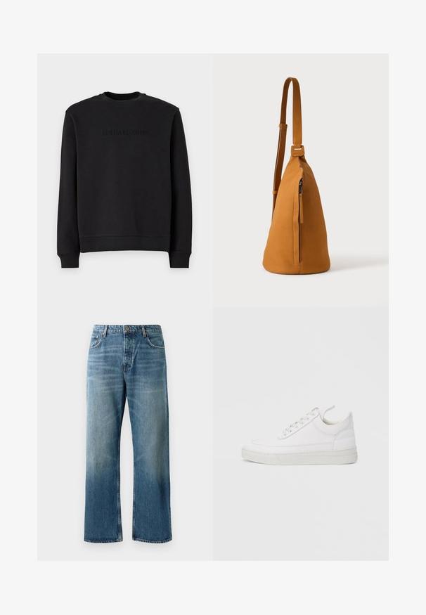 Sort sweatshirt lavet af blødt stof, har en rund hals, lange ærmer og et præget "MICHAEL KORS" logo på brystet.; Lysblå brede jeans med en falmet vask, prydet med enkeltknaplukning, fem lommer og kontrastsyede detaljer.; Hvid lædersneaker med rundet tå, flad sål og snørebånd foran. Har syningsdetaljer og polstret krave for komfort.; Tan læder crossbodytaske med justerbar rem og lodret lynlåslomme, vist fra siden mod en ensfarvet lys baggrund.