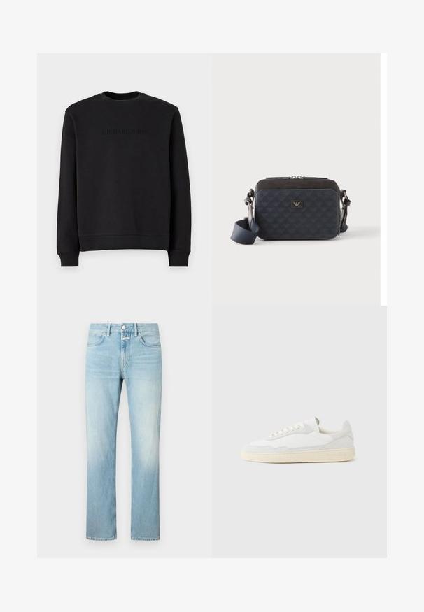 Sort sweatshirt lavet af blødt stof, har en rund hals, lange ærmer og et præget "MICHAEL KORS" logo på brystet.; Lysblå denimjeans med lige ben, der har et klassisk femlomme-design og en knappelukning.; Hvid sneakers med en øvre del i tekstureret ruskind og læder. Har rundet tå, snørelukning og kontrasterende beige gummisål.; Rektangulær mørkeblå crossbody-taske med justerbar rem, lynlåslukning og diskret logomønster på frontpanelet.