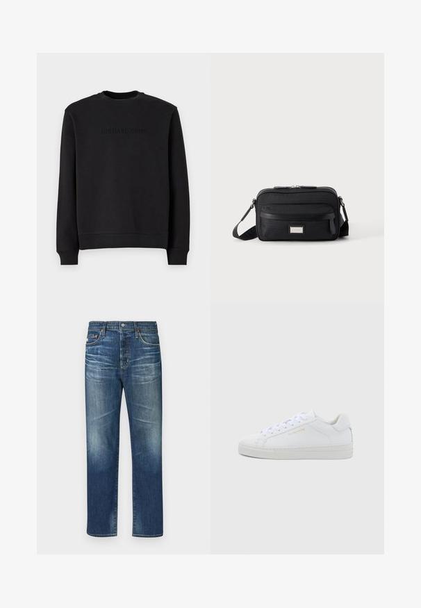 Sort sweatshirt lavet af blødt stof, har en rund hals, lange ærmer og et præget "MICHAEL KORS" logo på brystet.; Blå denim jeans med lige ben, der har slidte områder, et klassisk fem-lomme design, kobbernitter og en knapgennemgang.; Hvide sneakers i lav model og læder med rund snude, flade snørebånd, tekstureret sål og diskret guldfarvet logo på siden. Glat overflade og minimalistisk design.; Sort rektangulær crossbody-taske med front lynlåslomme, justerbar rem og sølv rektangulært logo mærke på ensfarvet baggrund.