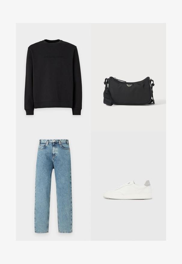 Schwarzes Sweatshirt aus weichem Stoff, mit Rundhalsausschnitt, langen Ärmeln und geprägtem "MICHAEL KORS"-Logo auf der Brust.; Hellblaue Denim-Jeans mit geradem Bein Schnitt, fünf Taschen und Messing-Knopfverschluss. Der Stoff hat eine leicht strukturierte, verblasste Optik.; Weißer Sneaker mit niedrigem Schaft, grauem Fersenlaschen, weißen Schnürsenkeln und einer strukturierten Sohle, dargestellt vor einem schlichten hellen Hintergrund.; Schwarze rechteckige Crossbody-Tasche mit silbernem Markenlogo-Emblem und verstellbarem Riemen auf hellem Hintergrund.