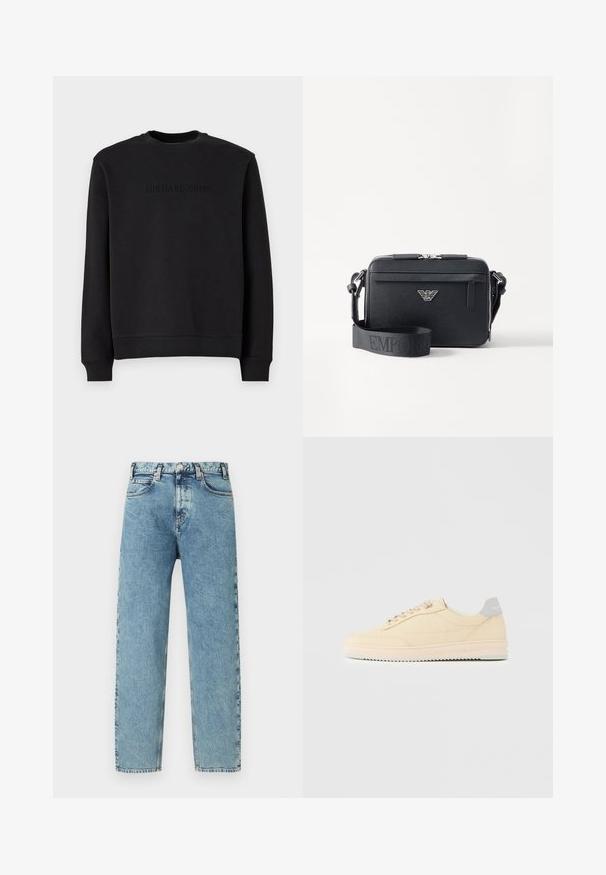 Sort sweatshirt lavet af blødt stof, har en rund hals, lange ærmer og et præget "MICHAEL KORS" logo på brystet.; Lyseblå denimjeans med lige ben, fem lommer og lukning med messingknap. Stoffet har et let tekstureret, falmet udseende.; Beige lavtop sneaker med snørelukning foran, lyserød sål og grå hællap med mærket "Filling Pieces", vist i profil på ensfarvet baggrund.; Sort crossbody taske lavet af tekstureret materiale. Har en lynlåslukning, en frontlomme med lynlås og en metallogo akcent. Inkluderer justerbar rem.