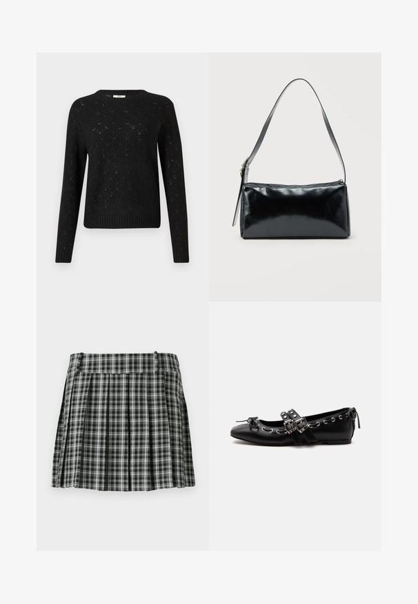 Sort strikket sweater med diamantmønster, ribbet kant og lange ærmer. Fremstillet af let materiale med rund halsudskæring.; Sort-hvidt ternet plisseret nederdel med en glat talje og flere lodrette folder. Fremstillet af let stof.; Sort flad balletsko med dobbelt spænde, sølvøjer og en lille sløjfe nær den runde tå på en hvid baggrund.; Sort rektangulær skuldertaske med en enkelt justerbar rem og lynlås i toppen på en ensfarvet baggrund.