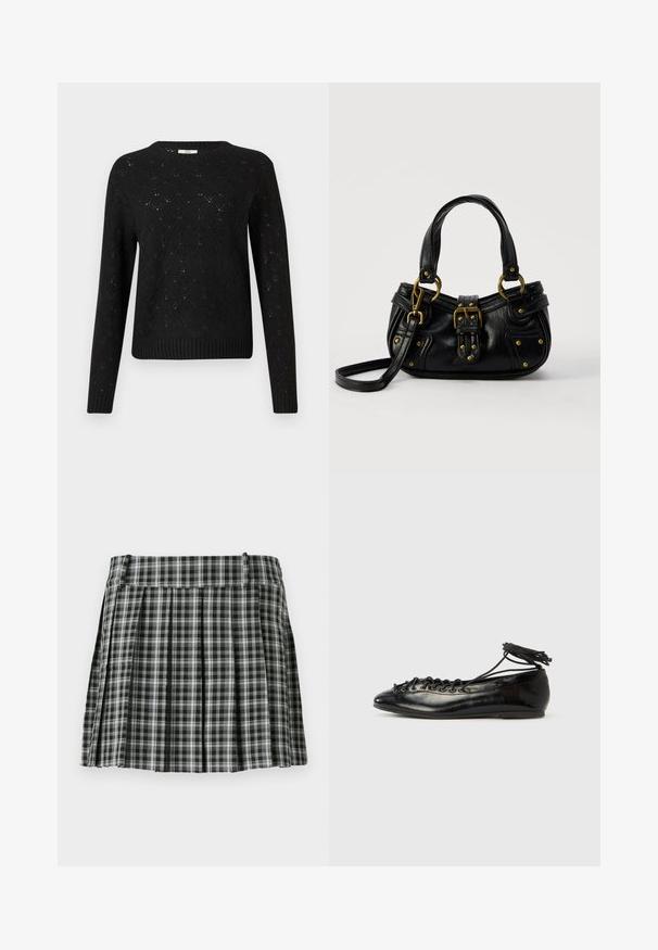 Sort strikket sweater med diamantmønster, ribbet kant og lange ærmer. Fremstillet af let materiale med rund halsudskæring.; Sort-hvidt ternet plisseret nederdel med en glat talje og flere lodrette folder. Fremstillet af let stof.; Sorte balletflade sko i laklæder med rundet tå, snørelukning og flad sål. Glat tekstur med få detaljer.; Sort læderhåndtaske med guldbælge og nitdetaljer, korte håndtag og en justerbar skulderrem på en ensfarvet hvid baggrund.