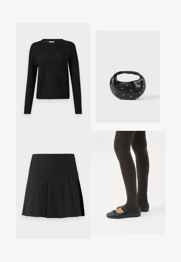 Zwart gebreid sweater met een diamanten patroon, geribbelde zoom en lange mouwen. Gemaakt van lichtgewicht materiaal, met een ronde hals.; Zwarte geplooide minirok gemaakt van een lichtgewicht stof. Voorzien van een aansluitende tailleband en scherpe messplooien voor een gestructureerde uitstraling.; Benen met donkere geribbelde leggings gecombineerd met zwarte ballerina's met kleine strikdetails op een witte achtergrond.; Zwarte leren handtas met een afgeronde vorm, versierd met zilveren studs, en een korte handgreep. Gladde textuur en ritsluiting.