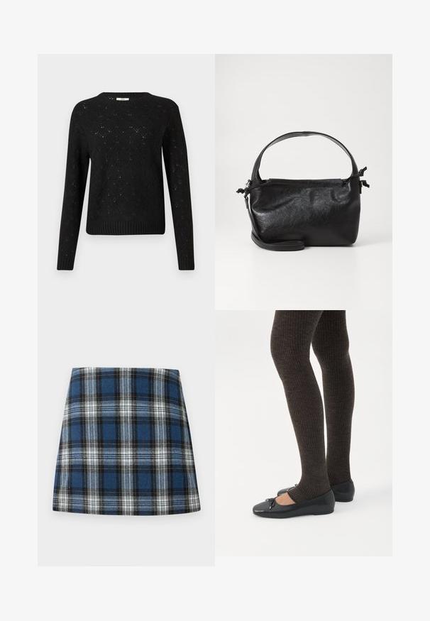 Pull en tricot noir avec un motif en losanges, ourlet côtelé et manches longues. Fabriqué en matériau léger, avec un col rond.; Jupe en tartan bleu présentant un motif à carreaux varié en bleu, noir et blanc. Fabriquée dans un tissu texturé avec une silhouette ajustée.; Jambes portant des leggings côtelés foncés associés à des ballerines noires avec de petits détails en nœud sur fond blanc.; Sac à main en cuir noir au design structuré, avec une poignée arrondie et une bandoulière amovible. Présente une texture lisse et un éclat subtil.