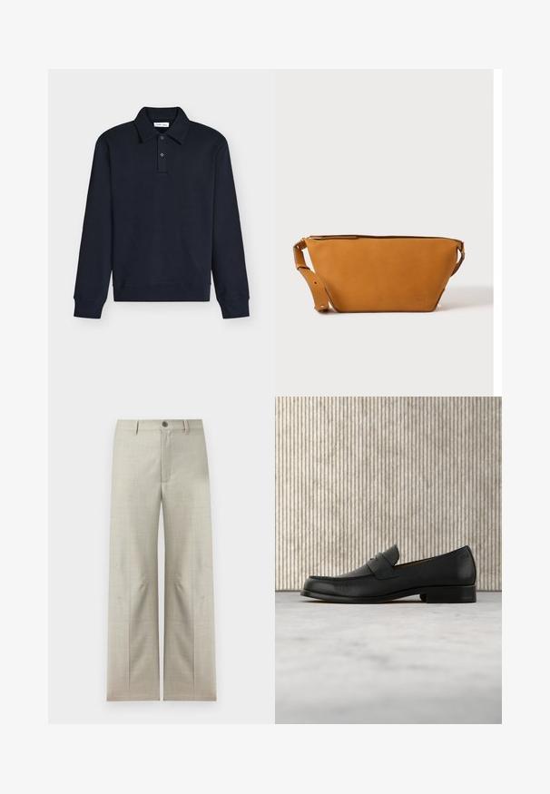 Polo manches longues bleu marine foncé avec col et deux boutons sur la patte, poignets et ourlet en côte, présenté sur fond blanc.; Pantalon formel beige clair à jambes droites, fermeture avec bouton et fermeture éclair, passants pour ceinture, présenté sur un fond blanc.; Mocassin en cuir noir flottant au-dessus d'un tapis beige avec une table ronde brune brillante en arrière-plan.; Sac bandoulière en cuir marron clair avec sangle réglable et fermeture éclair, présenté sur un fond clair uni.