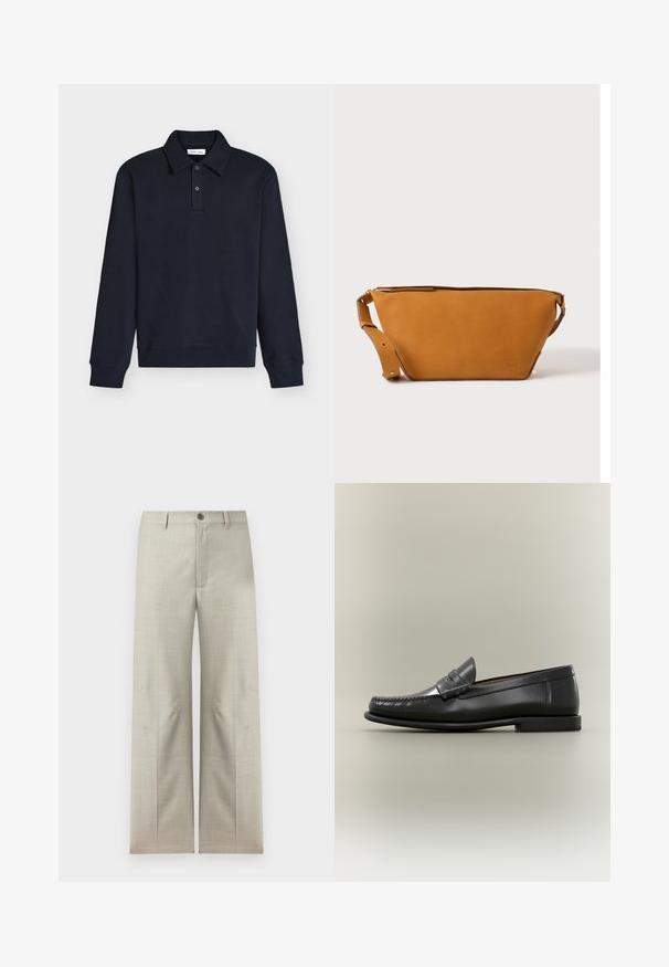 Polo manches longues bleu marine foncé avec col et deux boutons sur la patte, poignets et ourlet en côte, présenté sur fond blanc.; Pantalon formel beige clair à jambes droites, fermeture avec bouton et fermeture éclair, passants pour ceinture, présenté sur un fond blanc.; Mocassin pour homme en cuir noir avec un design moc-toe, une lanière à monnaie et un talon bas sur un fond neutre.; Sac bandoulière en cuir marron clair avec sangle réglable et fermeture éclair, présenté sur un fond clair uni.