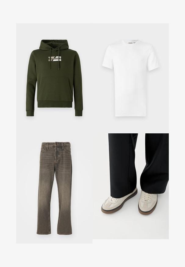 Ελιά πράσινη hoodie φτιαγμένη από μαλακό ύφασμα, διαθέτοντας μπροστινή τσέπη καγκουρό, ribbed μανσέτες και κορδόνια με λευκό λογότυπο στο στήθος.; Κανονικό λευκό κοντομάνικο T-shirt με στρογγυλή λαιμόκοψη και μικρό ετικέτα του brand μέσα στο γιακά, παρουσιασμένο σε λευκό φόντο.; Καφέ τζιν παντελόνι με σχέδιο ίσιων ποδιών, με ξεθωριασμένη υφή, παραδοσιακό στυλ πέντε τσεπών και μεταλλικό κούμπωμα.; Πόδια που φορούν μπεζ αθλητικά παπούτσια με καφέ σόλες και μαύρο φαρδύ παντελόνι σε λευκό φόντο.