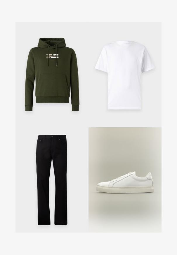 Ελιά πράσινη hoodie φτιαγμένη από μαλακό ύφασμα, διαθέτοντας μπροστινή τσέπη καγκουρό, ribbed μανσέτες και κορδόνια με λευκό λογότυπο στο στήθος.; Λευκό κοντομάνικο μπλουζάκι από βαμβάκι με στρογγυλή λαιμόκοψη, διαθέτοντας λεία υφή και απλό σχέδιο χωρίς μοτίβα ή διακοσμήσεις.; Μαύρα straight-leg τζιν από τζιν ύφασμα, που διαθέτουν κλείσιμο με κουμπί μπροστά, δύο πλευρικές τσέπες και λεία υφή.; Λευκό sneaker χαμηλού τύπου με κορδόνια μπροστά και χοντρή σόλα, εμφανίζεται από το πλάι σε ουδέτερο φόντο.