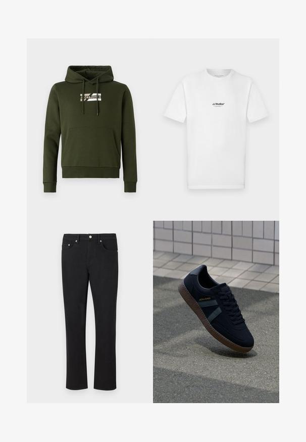 Ελιά πράσινη hoodie φτιαγμένη από μαλακό ύφασμα, διαθέτοντας μπροστινή τσέπη καγκουρό, ribbed μανσέτες και κορδόνια με λευκό λογότυπο στο στήθος.; Λευκό βαμβακερό μπλουζάκι με κοντά μανίκια και στρογγυλή λαιμόκοψη. Φέρει μικρό μαύρο λογότυπο "JJ Studios" στο στήθος.; Μαύρα τζιν παντελόνια με ίσια γραμμή, διαθέτουν πέντε τσέπες και ασημένια μεταλλικά στοιχεία με λεία υφή. Χωρίς μοτίβα ή αξεσουάρ.; Μαύρο αθλητικό παπούτσι με υφή επιφάνειας, σκούρες πράσινες ρίγες και καφέ καουτσούκ σόλα. Διαθέτει κορδόνια και σήμα στο πλάι.