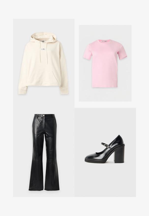Sweat à capuche écru avec poche kangourou avant, cordon de serrage à la capuche, poignets côtelés et petite étiquette tissu sur la poitrine et à l'intérieur du col.; T-shirt uni rose clair à manches courtes avec encolure ronde et étiquette de marque visible à l'intérieur du col.; Pantalons en faux cuir noir avec taille haute, fermeture à boutons, passants de ceinture et jambes évasées sur fond blanc.; Chaussure à talon haut en cuir verni noir avec un bout rond, une sangle de cheville, un détail de boucle en argent et un talon bloc épais.