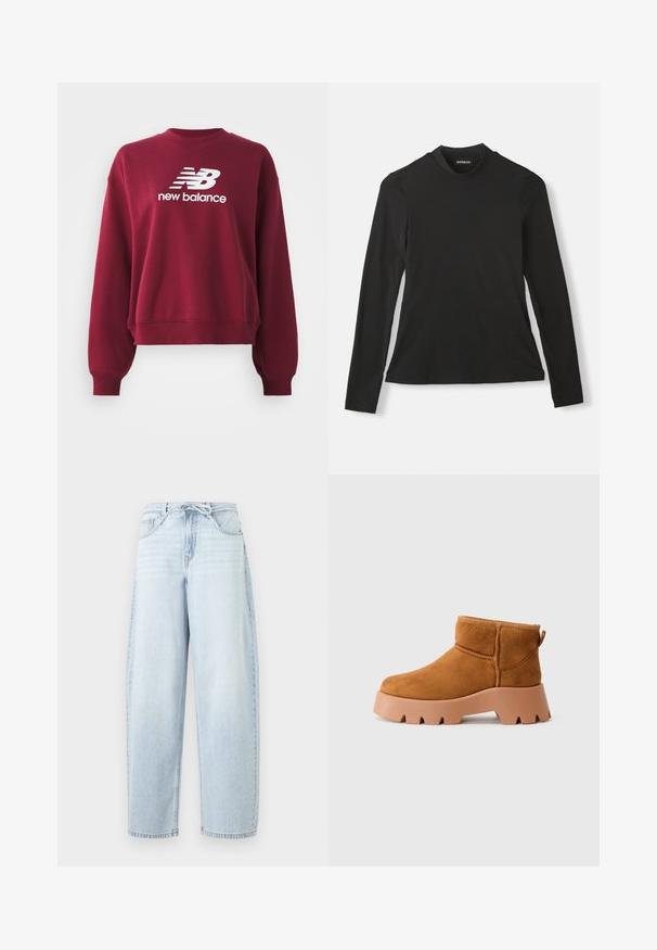 Bordeaux huppari, jossa on ribattu pyöreä kaula-aukko, pudotetut olkapäät ja pitkät hihat. Edessä on valkoinen "New Balance" -logo.; Musta pitkähihainen t-paita, joka on valmistettu pehmeästä puuvillasta. Siinä on korkea kaulus ja tiukka malli, jonka pinta on sileä eikä siinä ole näkyviä kuvioita.; Vaaleansiniset leveälahkeiset farkut, joissa on korkea vyötärö ja etusetti solmimisvyö, esitettynä valkoista taustaa vasten.; Vaaleanruskeat nubuck-nilkkurit, joissa on pyöreä varvas, teksturoitu ruskea pohja ja vetotuki. Ominaisuuksina on ommeltu sauma ja paksu pohjarakenne.