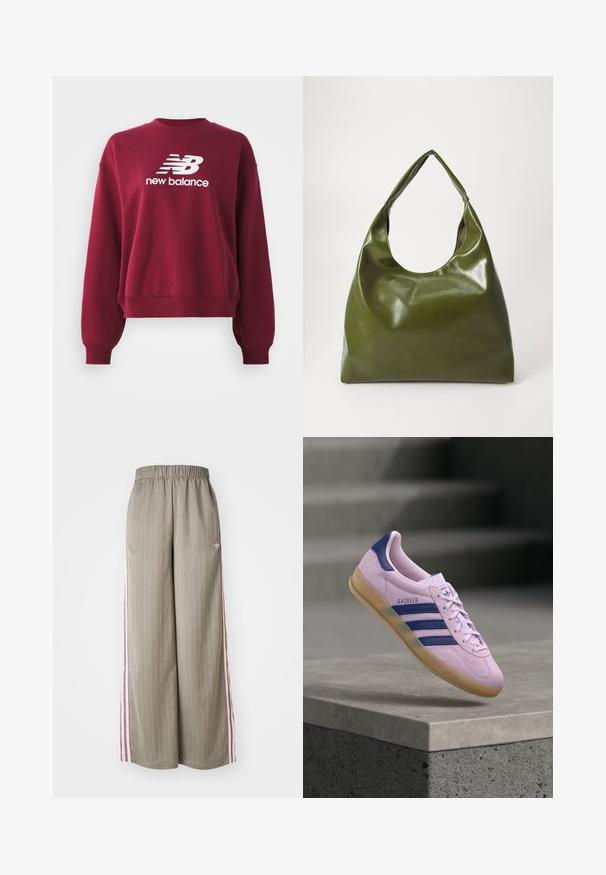 Bordeaux huppari, jossa on ribattu pyöreä kaula-aukko, pudotetut olkapäät ja pitkät hihat. Edessä on valkoinen "New Balance" -logo.; Vaalean oliivinvihreät leveät housut, joissa on pystysuorat raidoitukset, joustava vyötärö ja vaaleanpunaiset sivuraidat. Housuissa on pieni logo lantiolla.; Vaaleanvioletti Adidas Gazelle -lenkkari, jossa tummansinisiä raitoja ja kantalenkki, kumipohja, leijuu kivisen reunuksen yläpuolella, taustalla sumeita portaita.; Vihreä nahkainen hobo-laukku, jossa on löysä muotoilu, kaareva kahva ja sileä pinta. Ei sisällä näkyvää metalliosia tai yksityiskohtia.