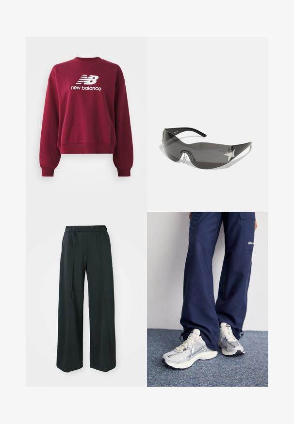 Sudadera burdeos con cuello redondo acanalado, hombros caídos y mangas largas. Presenta un logo blanco de "New Balance" en el frontal.; Pantalones deportivos negros de pierna ancha con cintura elástica. Hechos de una tela suave y elástica, presentan costuras frontales sutiles y sin bolsillos.; Zapatillas deportivas Nike con parte superior de malla plateada, acentos blancos y suelas texturizadas, combinadas con pantalones azul marino de corte holgado.; Gafas de sol negras con diseño envolvente, lentes oscuros, acentos brillantes en forma de estrella y almohadillas nasales ajustables.